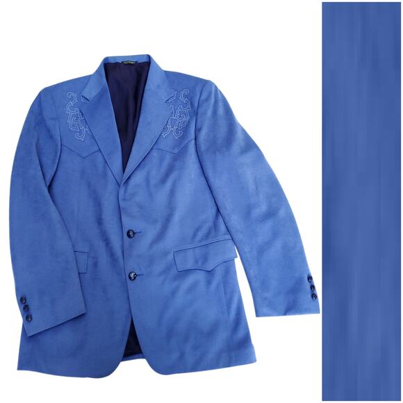 Vintage Pagano West Blue Polyester Western Blazer Jacket Sport Coat 42L - Picture 1 of 12